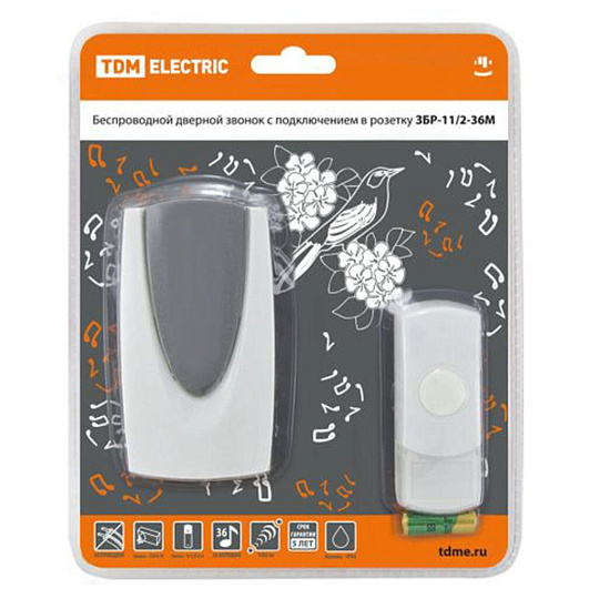 Звонок дверной беспроводной, сетевой, 36 мелодий, кнопка IP 44, 230 В, TDM Electric, ЗБР-11/2-36М, SQ1901-0009