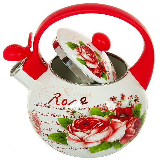 Чайник сталь, эмалированное покрытие, 2.2 л, со свистком, ручка пластиковая, Aurora, Роза, 1904