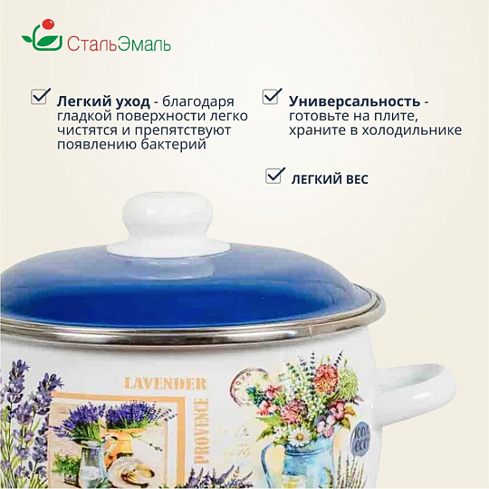 Кастрюля эмалированная сталь, 5.5 л, крышка сталь, сферический, СтальЭмаль, Горная лаванда, 6RC221M, индукция