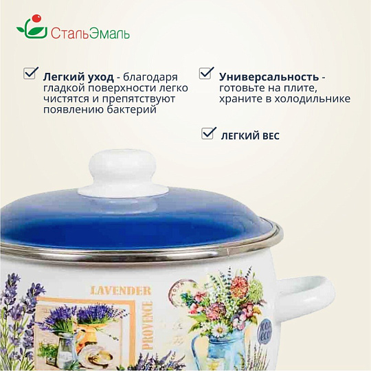 Кастрюля эмалированная сталь, 4 л, крышка сталь, сферический, СтальЭмаль, Горная лаванда, 6RC201M, индукция