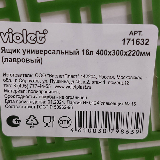 Ящик хозяйственный 16 л, 40х30х22 см, лавровый, Violet, 171632