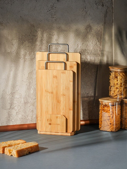 Доска разделочная бамбук, 38х22х1.8, 34х20х1.8, 30х18х1.8см, 3 шт, с ручкой, прямоугольная, CB730S4B