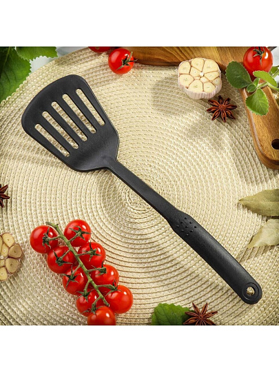 Лопатка кулинарная нейлон, с прорезями, навеска, черная, Daniks, Эконом, YW-KT017-1/H1010-01