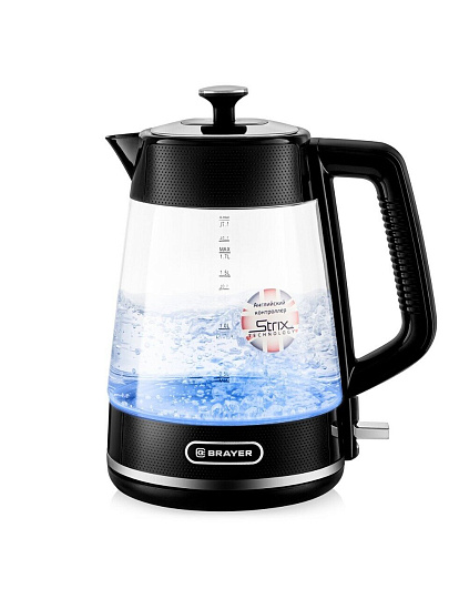 Чайник электрический Brayer, BR1071 Strix, 1.7 л, 2200 Вт, скрытый нагревательный элемент, стекло
