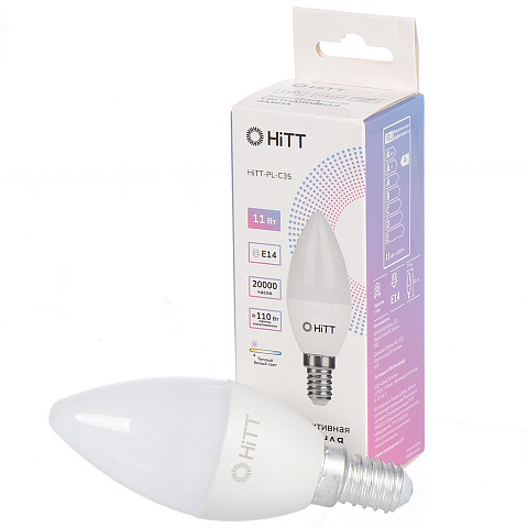 Лампа светодиодная E14, 11 Вт, 110 Вт, 230 В, свеча, 3000 К, свет теплый белый, HiTT, HiTT-PL-C35
