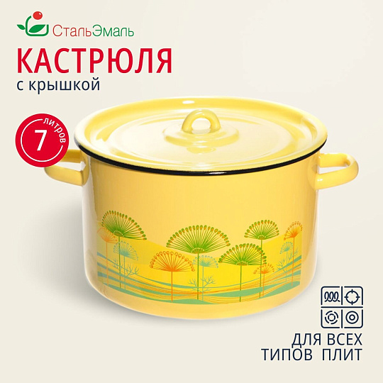 Кастрюля эмалированная сталь, 7 л, крышка сталь, СтальЭмаль, 1с18с, в ассортименте, индукция