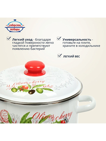 Кастрюля эмалированная сталь, 5.5 л, крышка сталь, цилиндрическая, Сибирские товары, Оливки и черри, 3MD221P, индукция