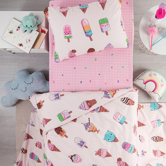 Постельное белье детское 1.5-спальное, простыня 150х215 см, 1 наволочка 50х70 см, пододеяльник 145х215 см, WMW, перкаль, Пломбир 70710-1+70711-1