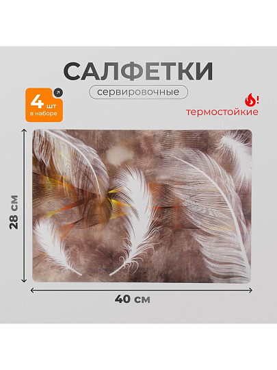 Набор салфеток пластик, 40х28 см, прямоугольный, 4 шт, для стола, Перья, Y4-9145