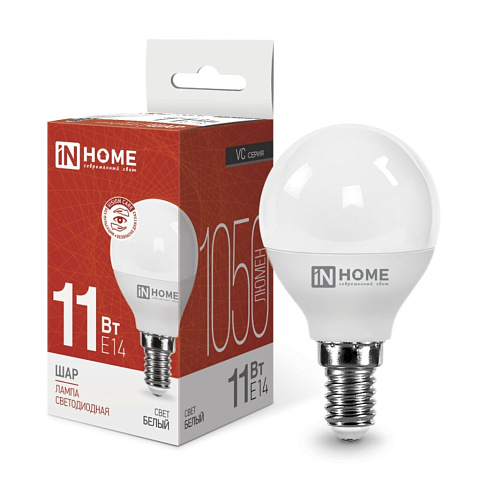 Лампа светодиодная E14, 11 Вт, 100 Вт, 230 В, шар, 4000 К, свет белый, In Home, LED-ШАР-VC