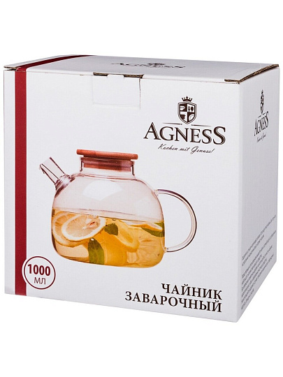 Чайник заварочный стекло, 1 л, с ситечком, с бамбуковой крышкой, Agness, 250-117