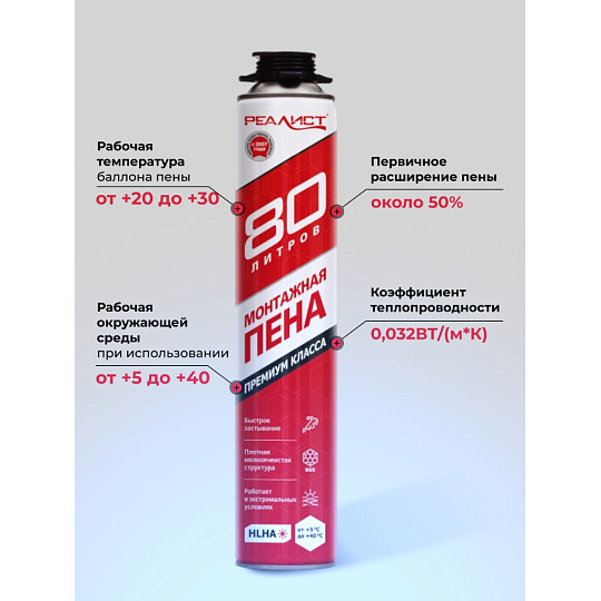 Пена монтажная Realist, PRO Red, профессиональная, 80 л, летняя