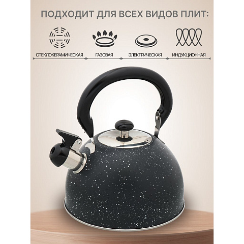 Чайник нержавеющая сталь, 2.5 л, со свистком, матовый, ручка бакелитовая, Daniks, индукция, черный мрамор, MSY-009B/M-009B