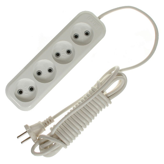 Удлинитель бытовой 4 гнезда, 5 м, ПВС, 2х0.75 мм², без заземления, 10 А, 250 В, Lux, У4-О-05