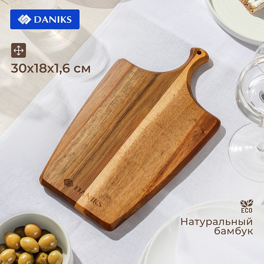 Доска разделочная акация, 30х18х1.6 см, с ручкой, прямоугольная, Daniks, CB36930A