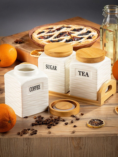 Банка для сыпучих продуктов, керамика, 3 шт, с крышкой, на бамбуковой подставке, Y6-6465