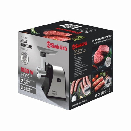 Мясорубка электрическая Sakura, SA-6433, 1800 Вт, реверс, 1.4 кг/мин, пластик, 2 насадки
