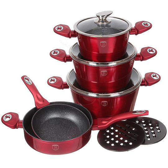 Набор посуды из алюминия Berlinger Haus Burgundy Metallic Line 1222-ВН (кастрюли с крышками, сковорода, сотейник, подставка), 5 предметов