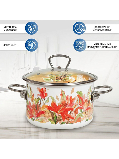 Кастрюля эмалированная сталь, 4 л, крышка стекло, цилиндрическая, Vitross, Lilianna, 1SD205S, индукция