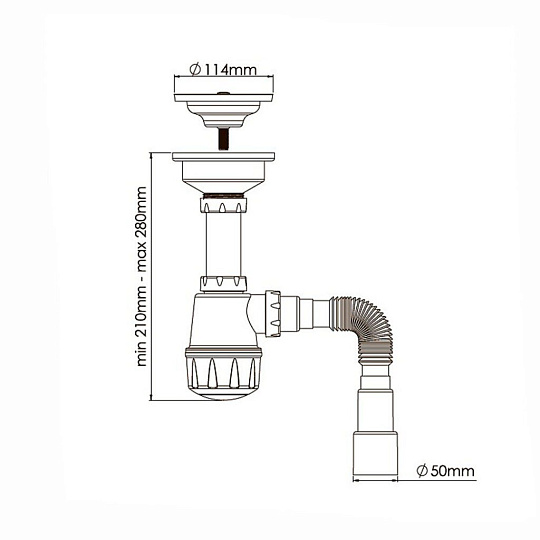 Сифон для мойки, 3 1/2", с выпуском, с гибкой трубой 1 1/2", Aquanova, 1042