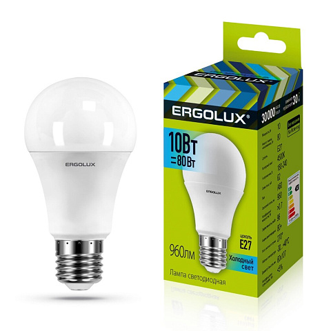 Лампа светодиодная E27, 10 Вт, 80 Вт, 220 В, груша, 4500 К, свет холодный белый, Ergolux
