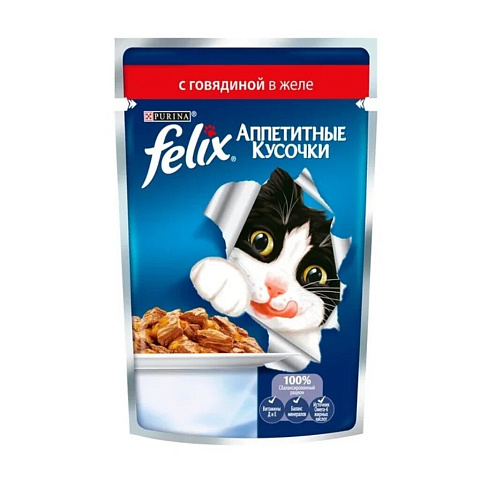 Корм для животных Феликс, для взрослых кошек, кусочки в желе, говядина, 75/85 гр, пауч, 0042031021