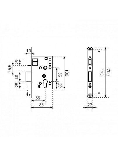 Замок врезной Птимаш, ЗВ4-3 (ЗВ4) корпус 55 мм, 11 540, без ручки, цилиндровый, хром