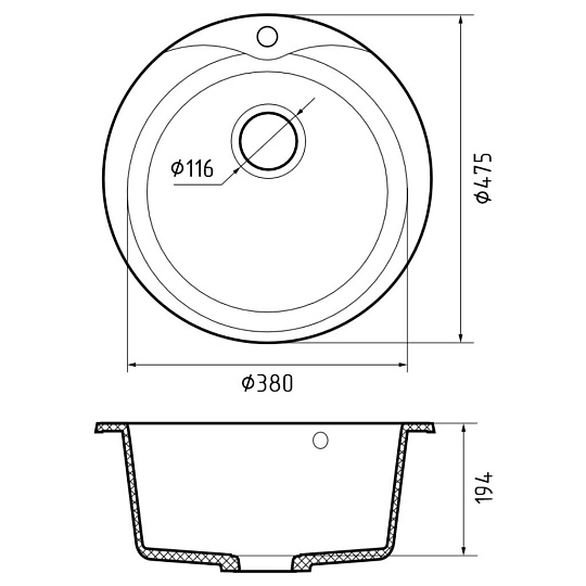 Мойка кухонная врезная, GranFest, Rondo, искусственный мрамор, 475 мм, + сифон, песочная, GF-R-480