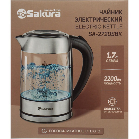 Чайник электрический Sakura, SA-2720SBK, 1.7 л, 1850-2200 Вт, скрытый нагревательный элемент, стекло