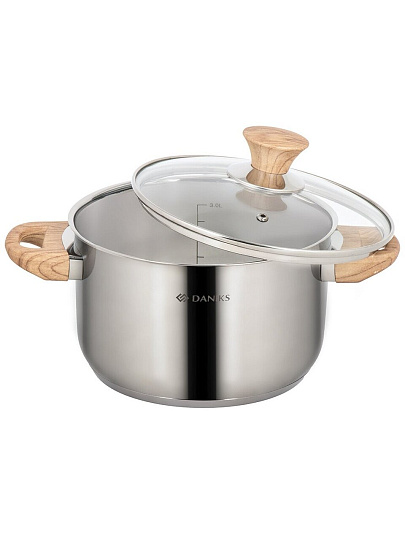 Кастрюля нержавеющая сталь, 3.9 л, крышка стекло, Daniks, Осло, GS-01147-20CA, индукция