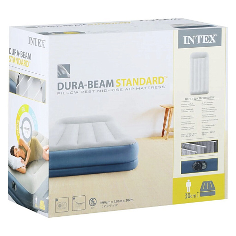Кровать надувная Intex, 191х99х30 см, 64116ND, насос встроенный, электрический, флокированная, с ребрами жесткости, 136 кг