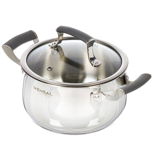 Кастрюля нержавеющая сталь, 2.6 л, крышка стекло, круглая, Vensal, Nouve Accord, VS1516, индукция
