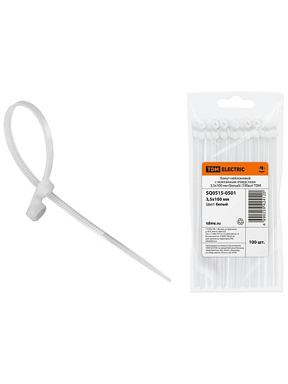 Хомут стяжной кабельный, 3.5х100 мм, нейлон, 100 шт, с монтажным отверстием, белый, TDM Electric, SQ0515-0501