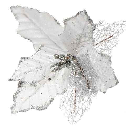 Цветок искусственный декоративный 16 см, на прищепке, серебро, Пуансеттия, Y4-4169