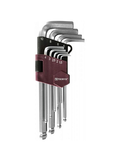 Набор ключей имбусовых, HKB9S, 9 предметов, Thorvik, 1.5-10 мм, шестигранник, с шаром, 53075