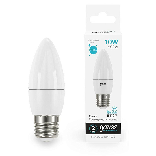 Лампа светодиодная E27, 10 Вт, 75 Вт, свеча, 4100 К, нейтральный белый свет, Gauss, Elementary, 30220
