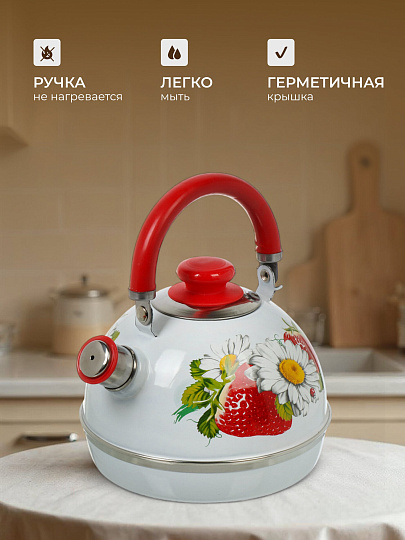 Чайник сталь, эмалированное покрытие, 3.5 л, со свистком, подвижная ручка, Рубин, Клубника с ромашкой, белый, TMM04/35/03/05/H13