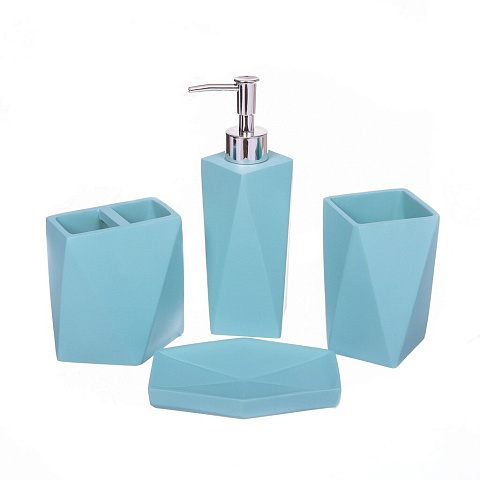 Набор для ванной 4 предмета, голубой, полирезина, стакан, подставка для зубных щеток, дозатор для мыла, мыльница, Y324