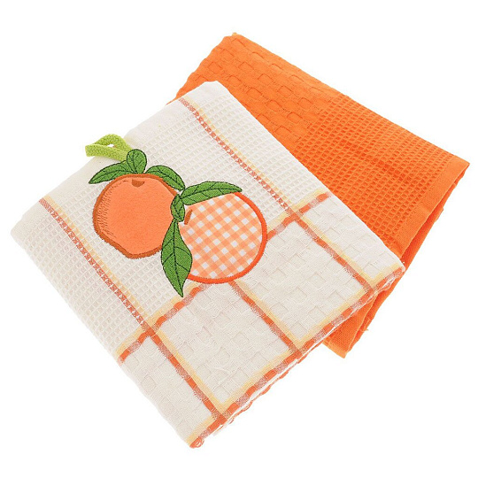 Набор полотенец кухонных 2 шт, 45х70 см, вафельный, Bonita, Фрукты Апельсин, белый, терракотовый, Россия
