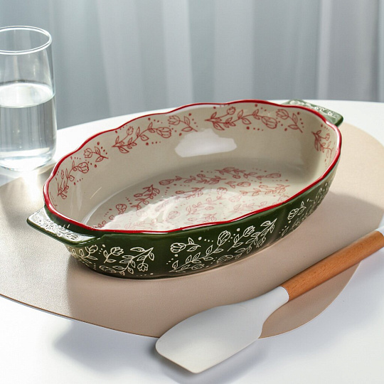 Форма для запекания керамика, 22х35 см, овальная, Зеленые веточки, Y4-9765