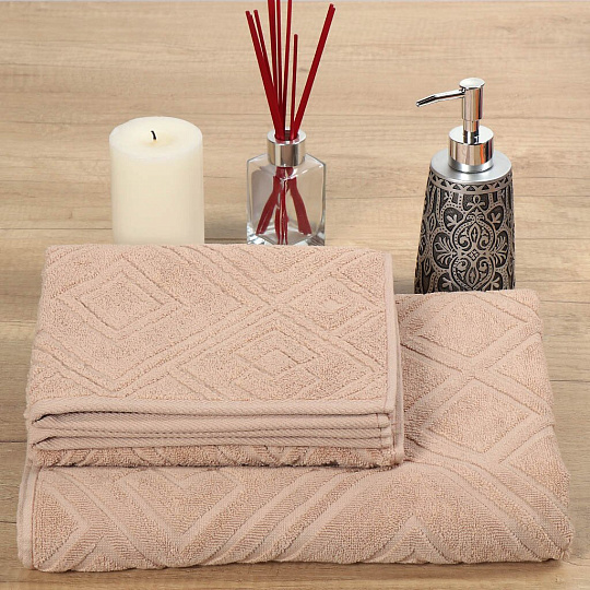 Полотенце банное 70х140 см, 100% хлопок, 450 г/м2, жаккард, Ромбы 4443, Авангард, бежевое, 83, Россия