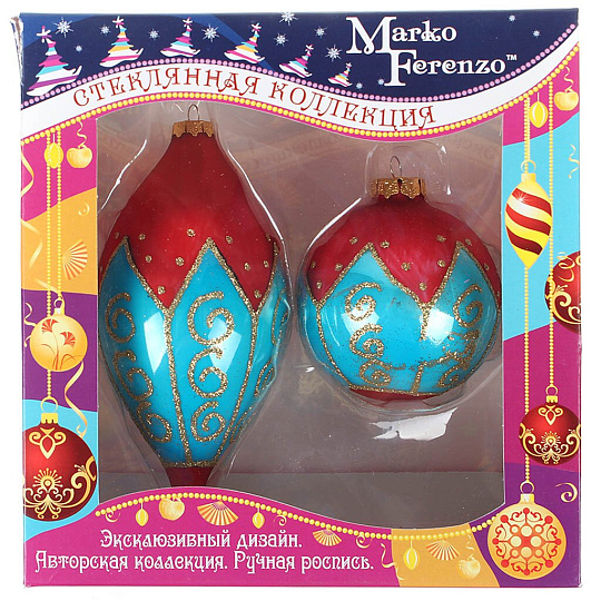 Набор елочных украшений Marko Ferenzo, Изысканный, 2 шт, бирюза, красный, 7 см, стекло, шар и сосулька, с золотым узором, 38118