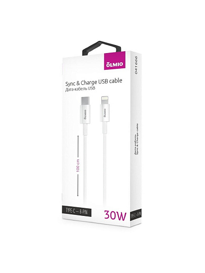 Кабель USB OLMIO, Type-C to Lightning 8-pin, 3 А, 1 м, 30W, белый, 041666