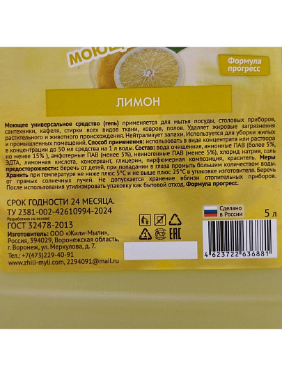Моющее средство универсальное, 6 в 1, Жили-мыли, Лимон, гель, 5 л
