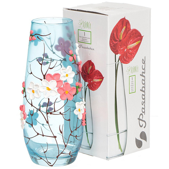 Ваза стекло, настольная, 26х11 см, Яблоко-С, Сакура на голубом фоне, 2598/260/77-640.5