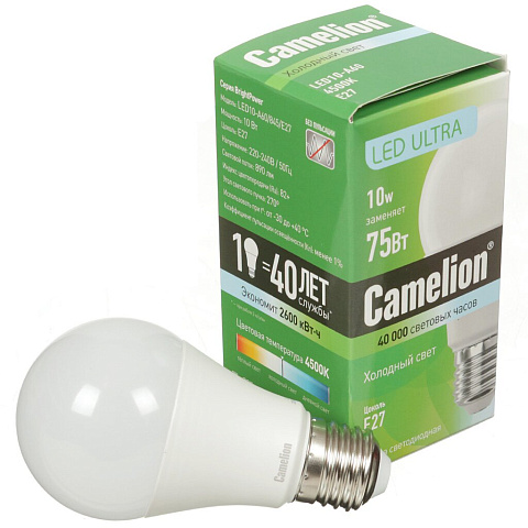 Лампа светодиодная E27, 10 Вт, 75 Вт, груша, 4500 К, свет холодный белый, Camelion