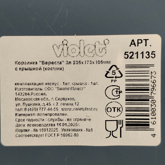 Корзина для хранения, 3 л, 23.5х17.3х10.5 см, прямоугольная, пластик, космик, с крышкой, Violet, Береста, 521135
