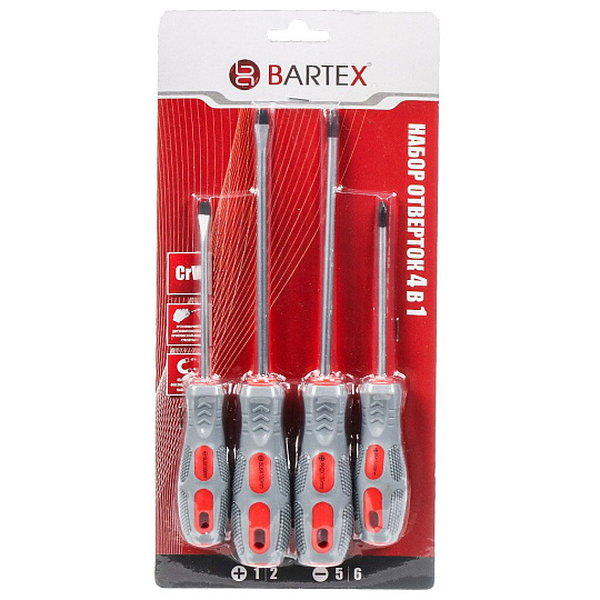 Набор отверток 4 предмета, Bartex, PH 1,2/ SL 5,6, антискользящая двухкомпонентная, CrV сталь