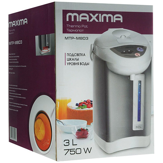 Термопот Maxima, MTP-М803, 3 л, 900 Вт, скрытый нагревательный элемент, повторное кипячение, металл