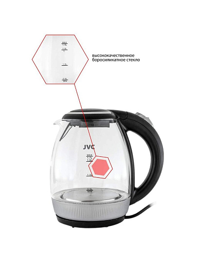 Чайник электрический JVC, JK-KE1516, черный, 1.7 л, 2200 Вт, скрытый нагревательный элемент, стекло